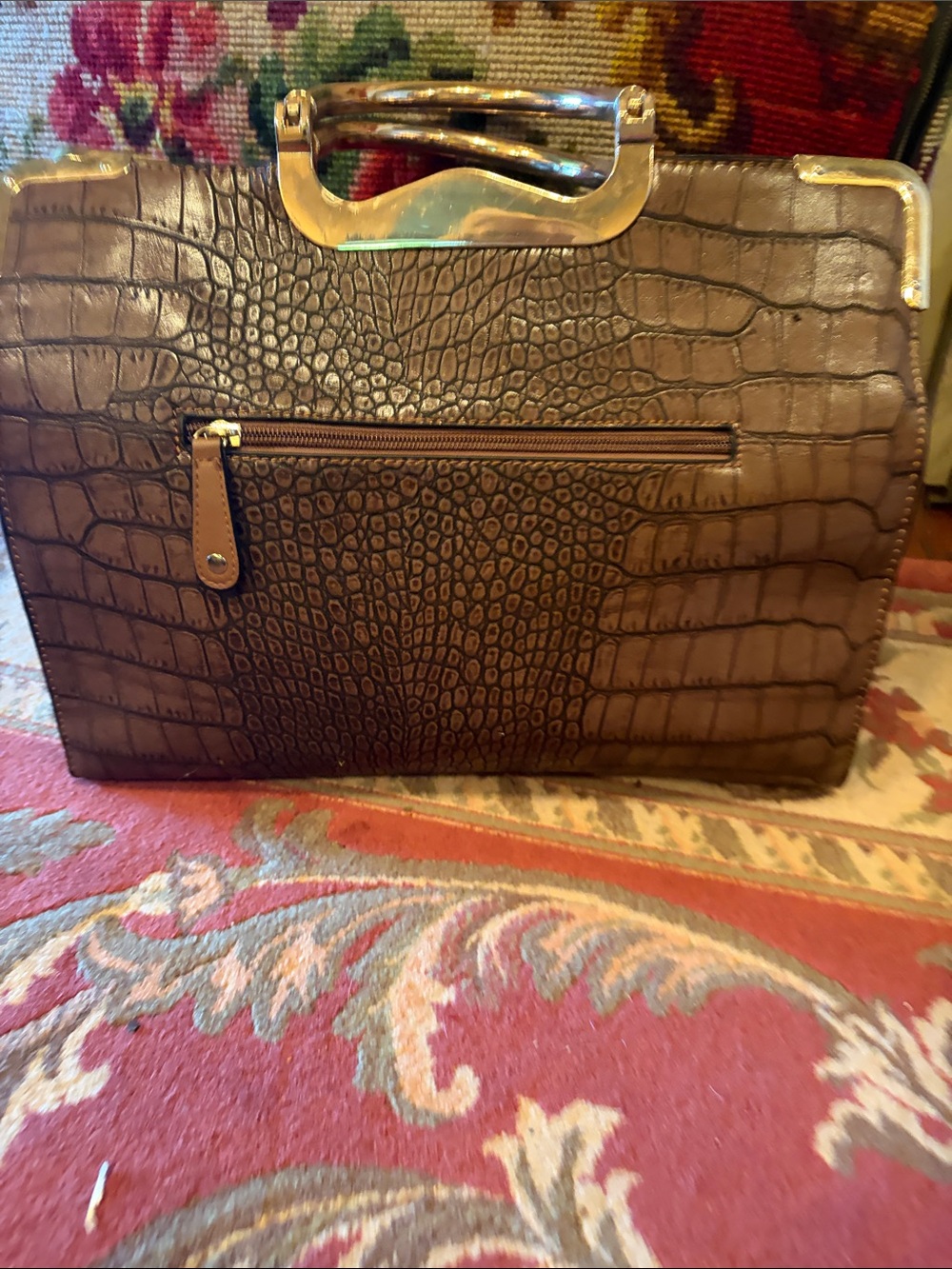 Croc-Embossed Structured Satchel Tote - Brown with gold trim and feet.